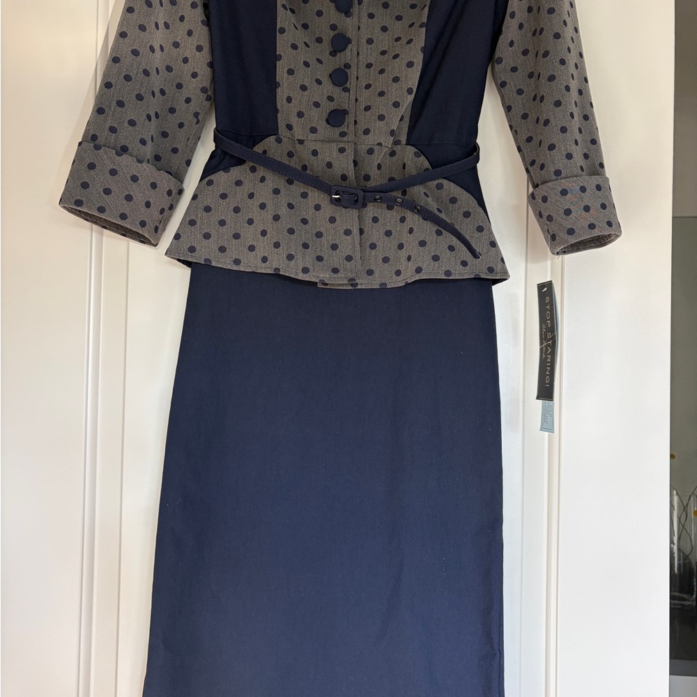 NWT Stop Staring! polka dot pinup vintage midi stretchy peplum dress belt grey M - Picture 2 of 7